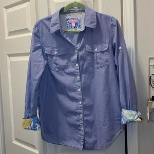 Lilly Pulitzer Blue White Gingham Check Button Long Tab Sleeve Resort Fit